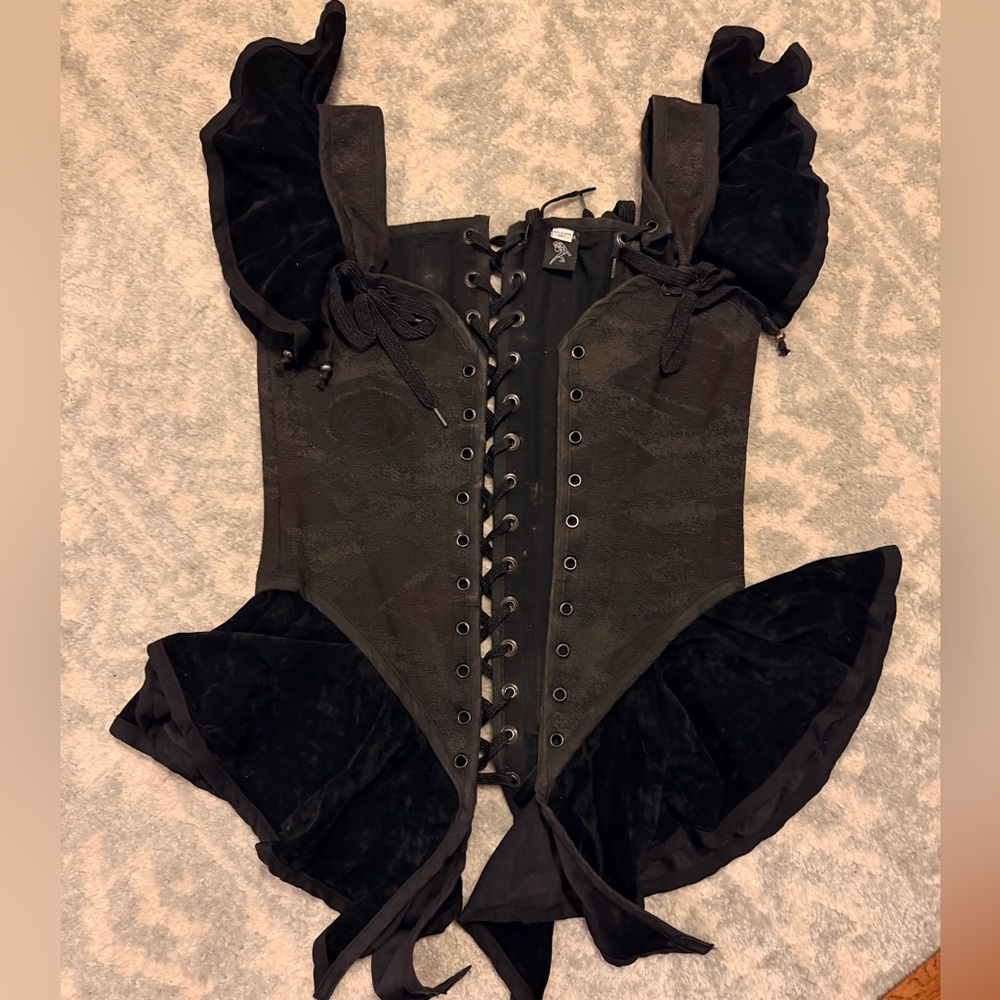 Black Lace-Up Bodice with Ruffled Sleeves by Moresca